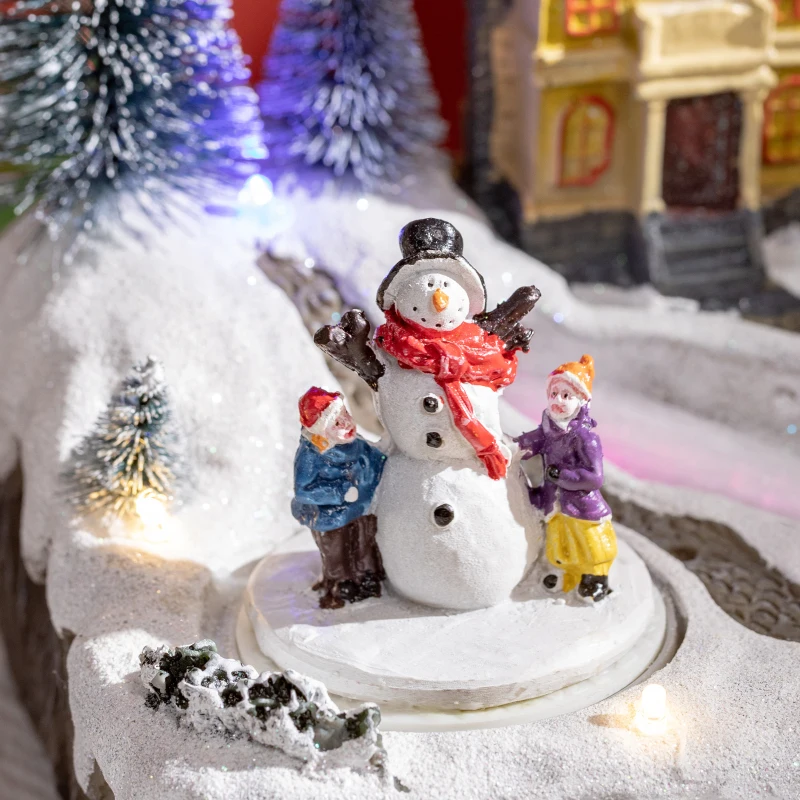 HOMCOM Animated Christmas Village Scene, Pre-Lit Musical Holiday Decoration with LED Lights, Fiber Optic, Rotating Skating Pond and Snowman