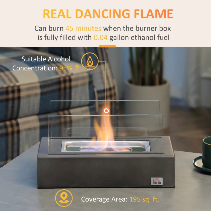 HOMCOM Tabletop Fireplace, 13" Concrete Alcohol Fireplace with Stainless Steel Lid for Indoor and Outdoor, 0.04 Gal Max 195 Sq. Ft., Dark Gray