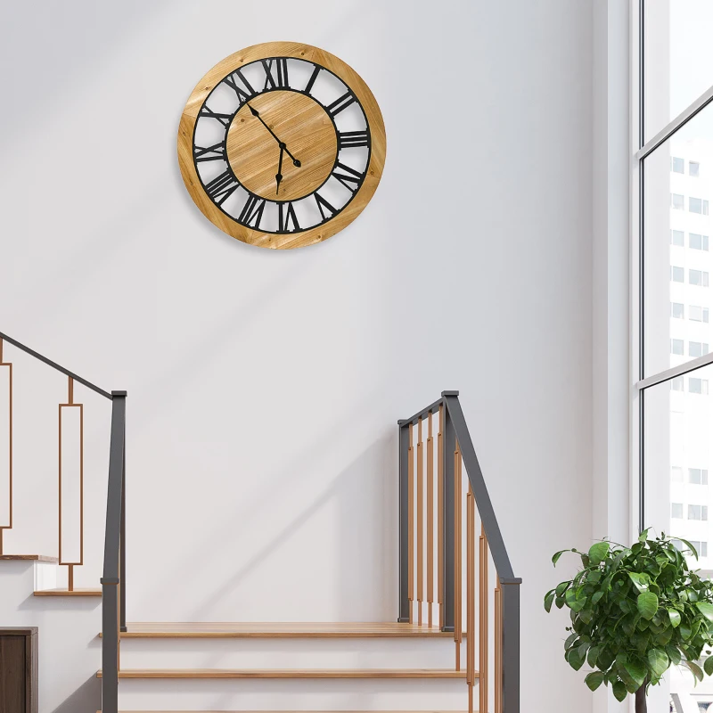 HOMCOM 30 Inch Large Wall Clock, Silent Non Ticking Metal Wood Farmhouse Roman Numeral Clocks for Living Room Decor, Battery Operated, Black and Natural Wood Color