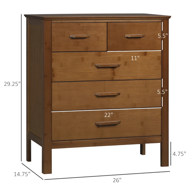 HOMCOM Tall Dresser for Bedroom, 5 Drawer Dresser, Chest of Drawers with Bamboo Frame, Brown