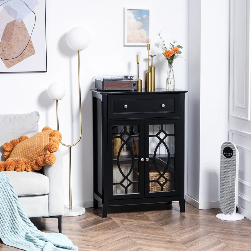 HOMCOM Sideboard Buffet Cabinet, Kitchen Storage Cabinet, Accent Cabinet with Drawer, Double Glass Doors and Adjustable Shelves for Living Room,Entryway, Black