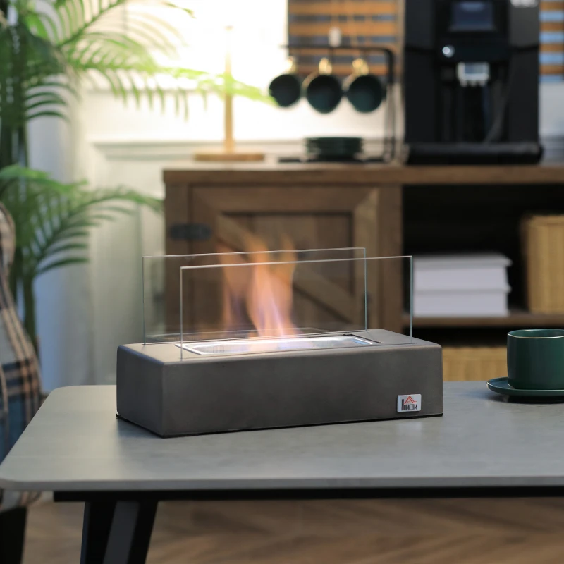 HOMCOM Tabletop Fireplace, 13" Concrete Alcohol Fireplace with Stainless Steel Lid for Indoor and Outdoor, 0.04 Gal Max 195 Sq. Ft., Dark Gray