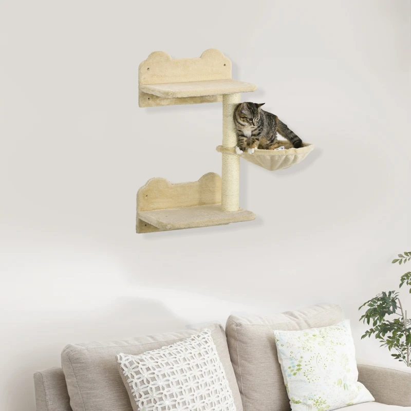 PawHut Wall-Mounted Cat Tree with Hammock for a Cute Cat Bed, Modern Cat Tree with Scratching Post & Cat Shelves, Climbing Playground Kitty Tower