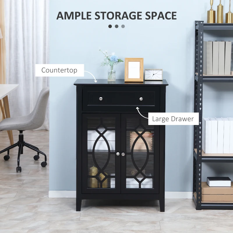 HOMCOM Sideboard Buffet Cabinet, Kitchen Storage Cabinet, Accent Cabinet with Drawer, Double Glass Doors and Adjustable Shelves for Living Room,Entryway, Black