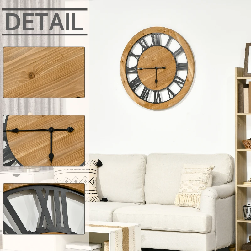 HOMCOM 30 Inch Large Wall Clock, Silent Non Ticking Metal Wood Farmhouse Roman Numeral Clocks for Living Room Decor, Battery Operated, Black and Natural Wood Color