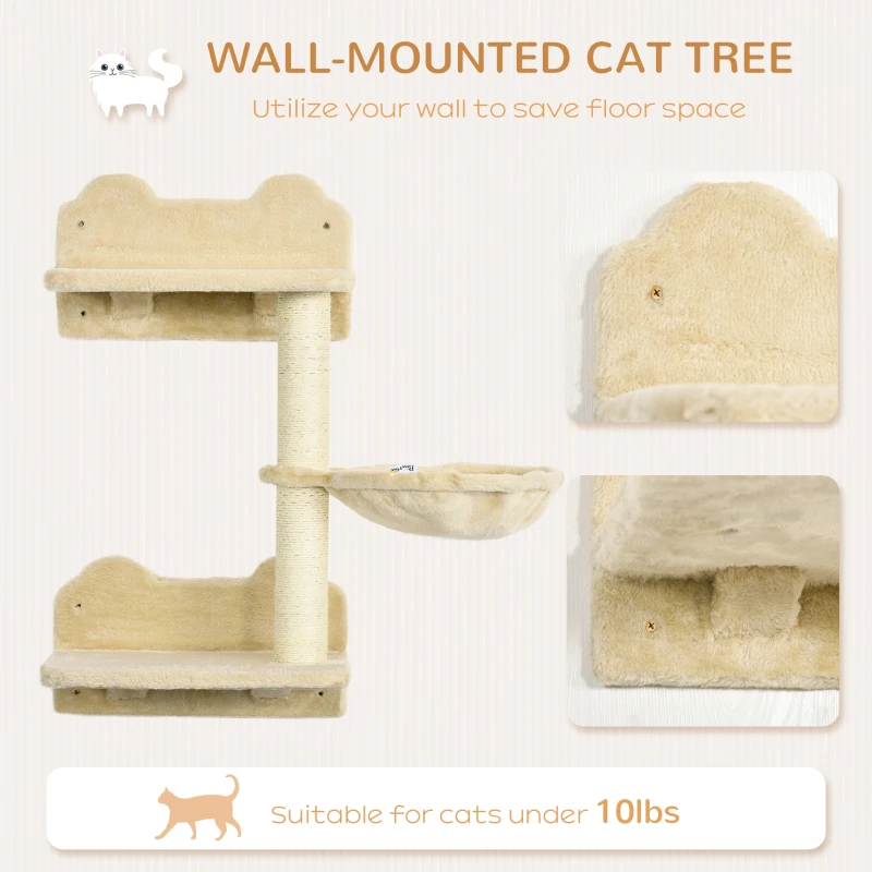 PawHut Wall-Mounted Cat Tree with Hammock for a Cute Cat Bed, Modern Cat Tree with Scratching Post & Cat Shelves, Climbing Playground Kitty Tower