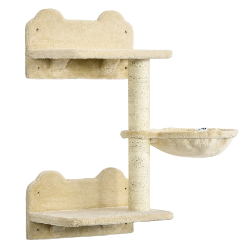 PawHut Wall-Mounted Cat Tree, Cat Wall Furniture with Scratching Post, Kitten Activity Center with Condo, Beige