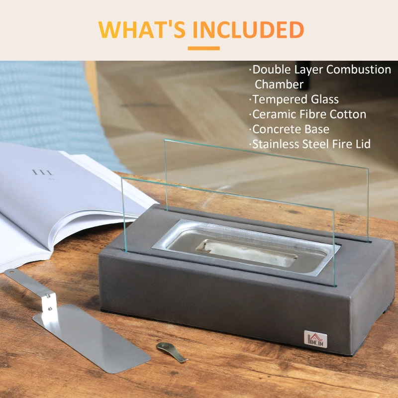 HOMCOM Tabletop Fireplace, 13" Concrete Alcohol Fireplace with Stainless Steel Lid for Indoor and Outdoor, 0.04 Gal Max 195 Sq. Ft., Dark Gray