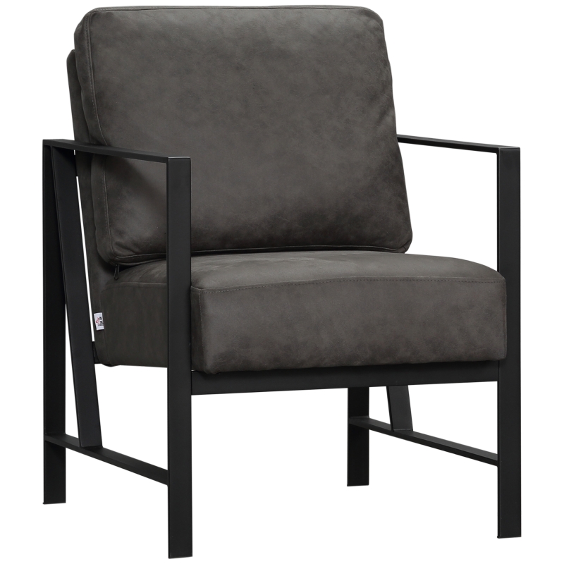 HOMCOM Industrial Accent Chairs with Cushioned Seat and Back, Upholstered Faux Leather Armchair for Bedroom, Living Room Chair with Arms and Steel Legs, Grey
