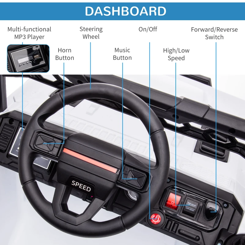 Aosom 12V Kids Ride on Car with Remote Control, Battery-Operated Ride on Toy with Spring Suspension, Led Lights, Music, Horn, 3 Speeds, USB, MP3, White