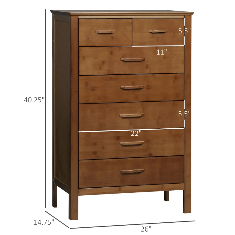 HOMCOM Tall Dresser for Bedroom, 7 Drawer Dresser, Chest of Drawers with Bamboo Frame, Brown