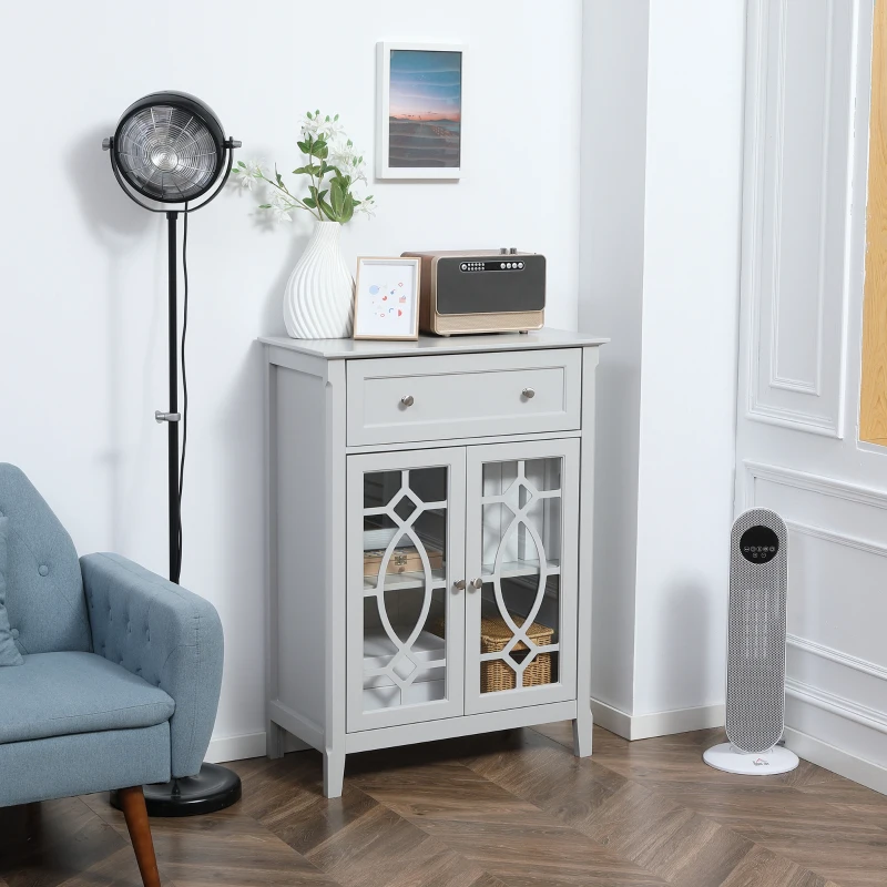 HOMCOM Sideboard Buffet Cabinet, Kitchen Storage Cabinet, Accent Cabinet with Drawer, Double Glass Doors and Adjustable Shelves for Living Room, Entryway, Light Grey