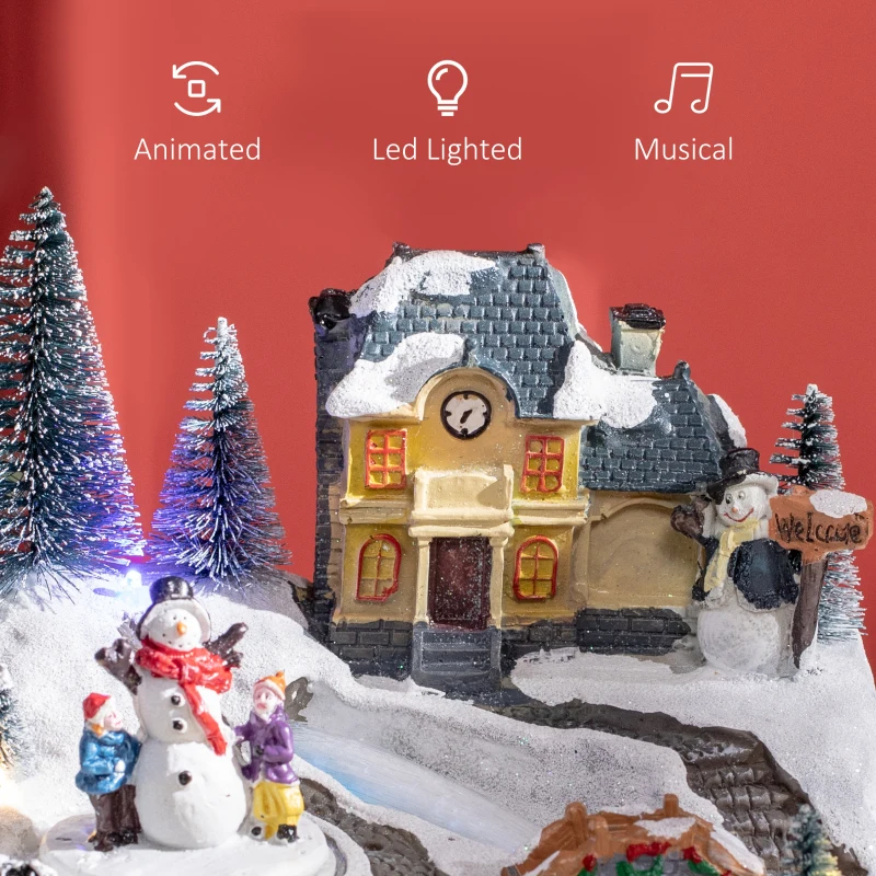 HOMCOM Animated Christmas Village Scene, Pre-Lit Musical Holiday Decoration with LED Lights, Fiber Optic, Rotating Skating Pond and Snowman