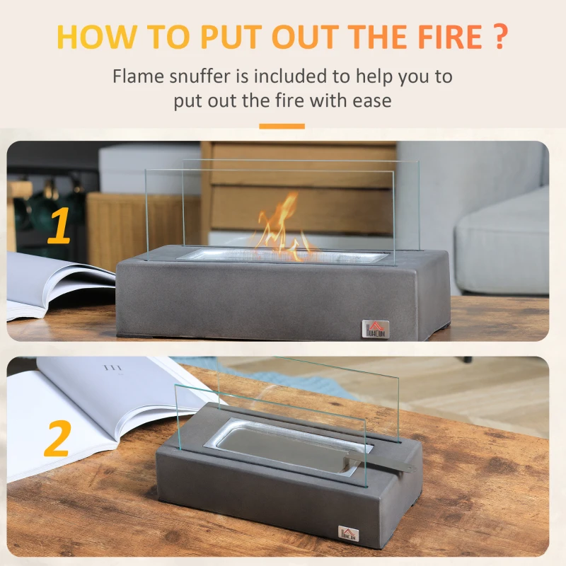 HOMCOM Tabletop Fireplace, 13" Concrete Alcohol Fireplace with Stainless Steel Lid for Indoor and Outdoor, 0.04 Gal Max 195 Sq. Ft., Dark Gray