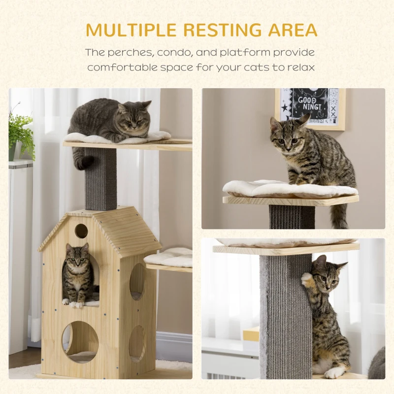 PawHut 53" Modern Cat Tree with Scratching Posts & Wheel, Small Cat Tree with Double-Layer Cushioned House, Small Cat Tower for Indoor Cat Furniture, Climbing Wooden Cat Tree