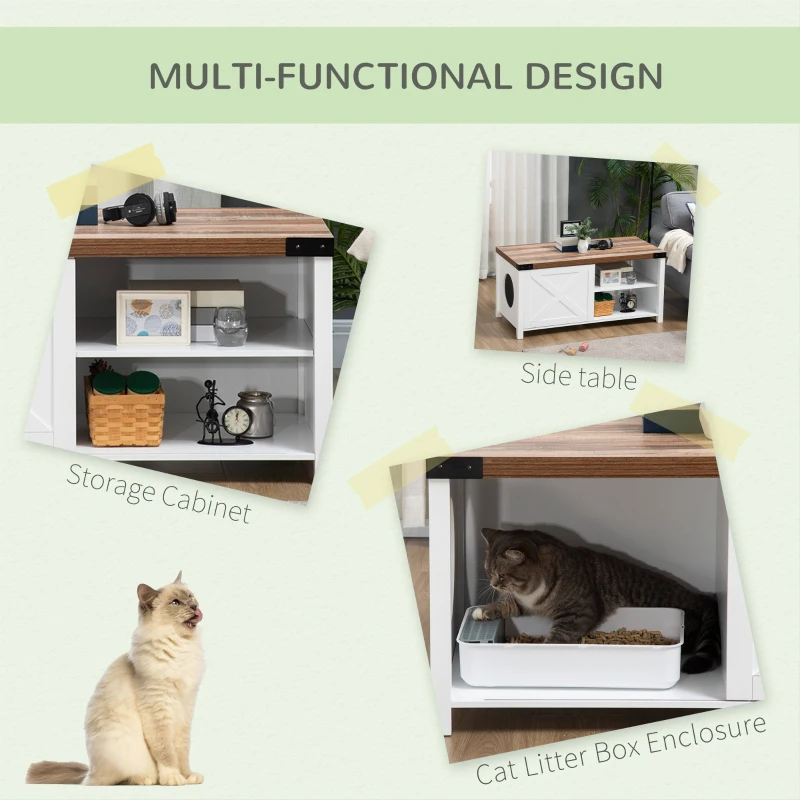 PawHut Cat Litter Box Enclosure with Sliding Door, Cat Washroom Storage Bench with Cat Hole, Indoor Cat House End Table with Sturdy Wooden Structure, White