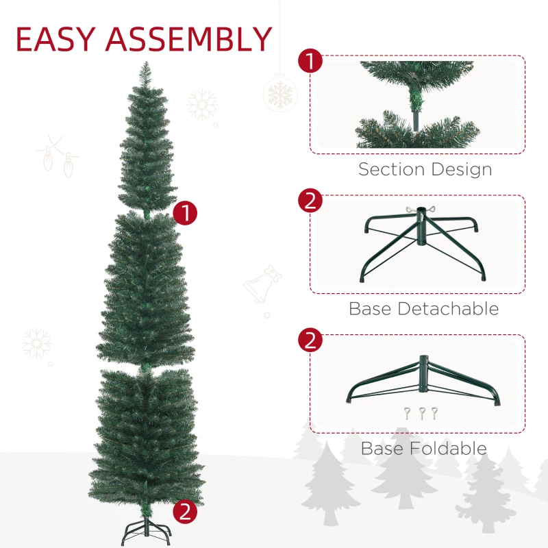 HOMCOM 7FT Artificial Christmas Tree Xmas Pencil Tree Holiday Home Indoor Decoration with Foldable Black Stand for Party, Green