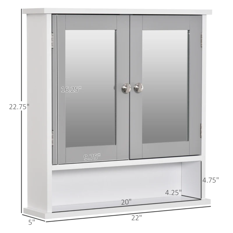 kleankin Medicine Cabinet, Wall-Mounted Bathroom Mirror Cabinet with Double Doors, Open Shelf, and Adjustable Shelf, Modern Bathroom Wall Cabinet, White and Grey