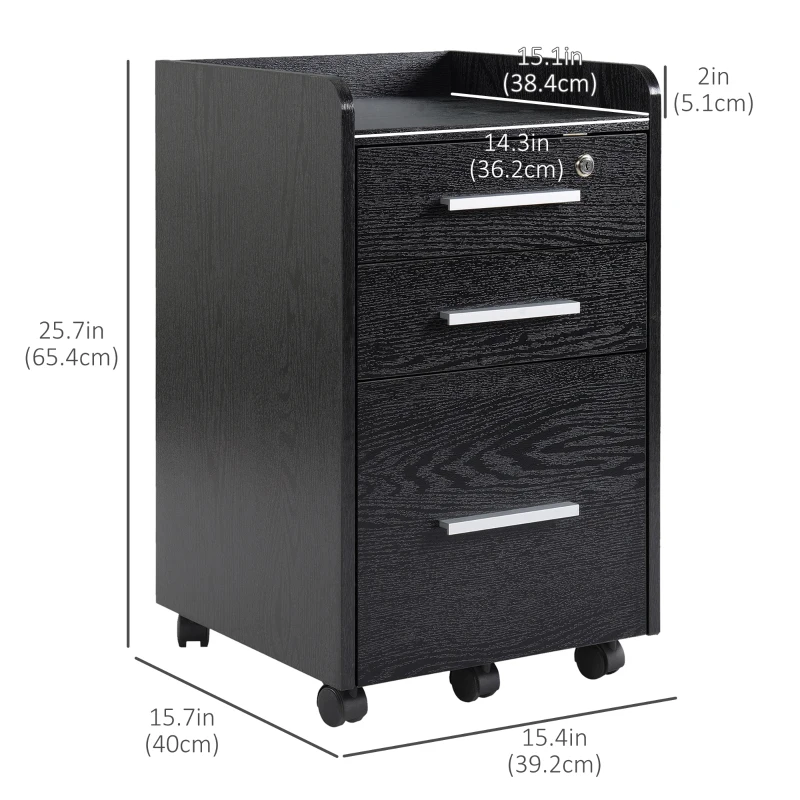 HOMCOM 3 Drawer File Cabinet with Lock and Edged Top, Lockable Filing Cabinet on Wheels for Letter and A4 Size, Black