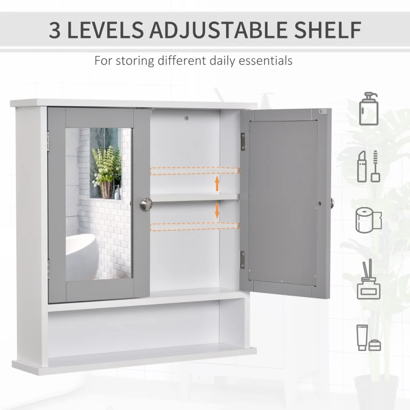 kleankin Medicine Cabinet, Wall-Mounted Bathroom Mirror Cabinet with Double Doors, Open Shelf, and Adjustable Shelf, Modern Bathroom Wall Cabinet, White and Grey