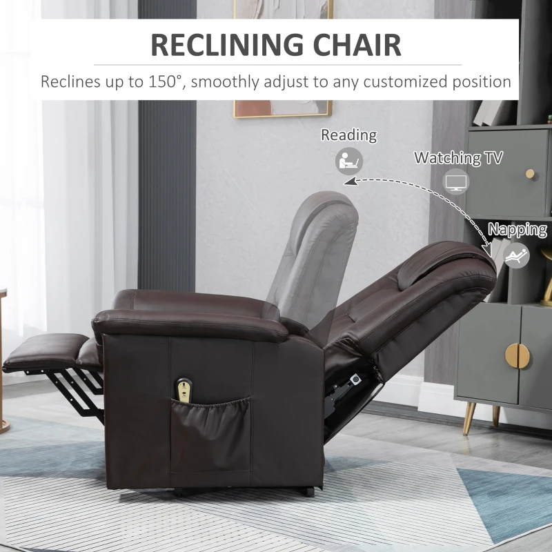 HOMCOM Electric Power Lift Chair for Elderly, PU Leather Recliner Sofa with Footrest and Remote Control, Side Pockets for Living Room, Brown