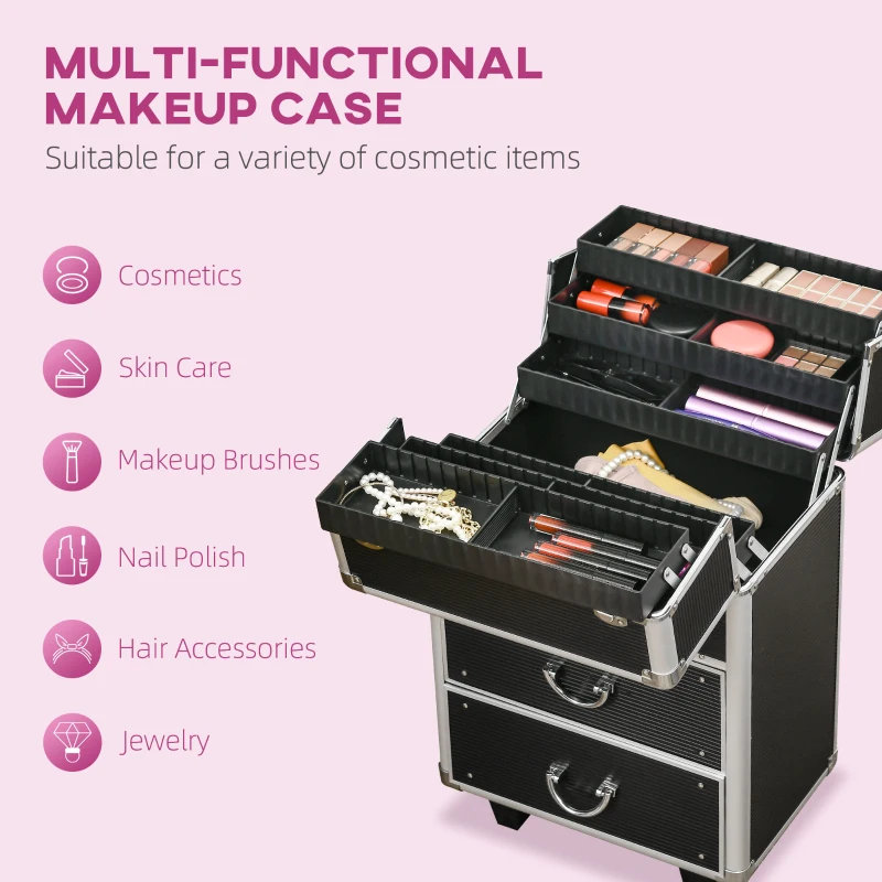 HOMCOM Aluminum Rolling Makeup Case, Portable Professional Cosmetic Makeup Case, Lockable Traveling Cart Trunk with Folding Trays, Swivel Wheels and Keys, Black