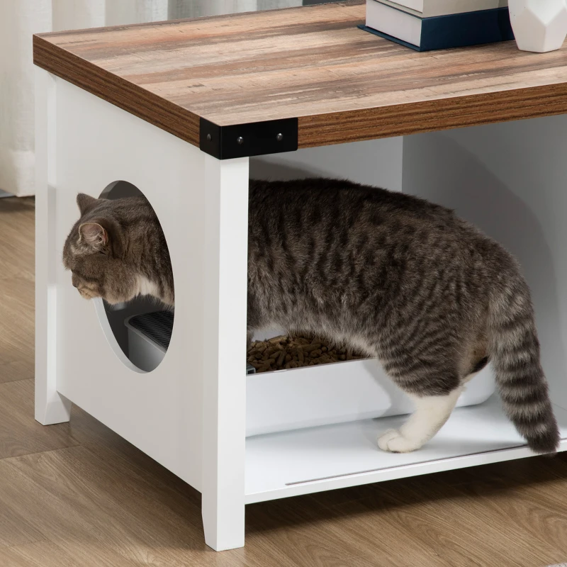 PawHut Cat Litter Box Enclosure with Sliding Door, Cat Washroom Storage Bench with Cat Hole, Indoor Cat House End Table with Sturdy Wooden Structure, White