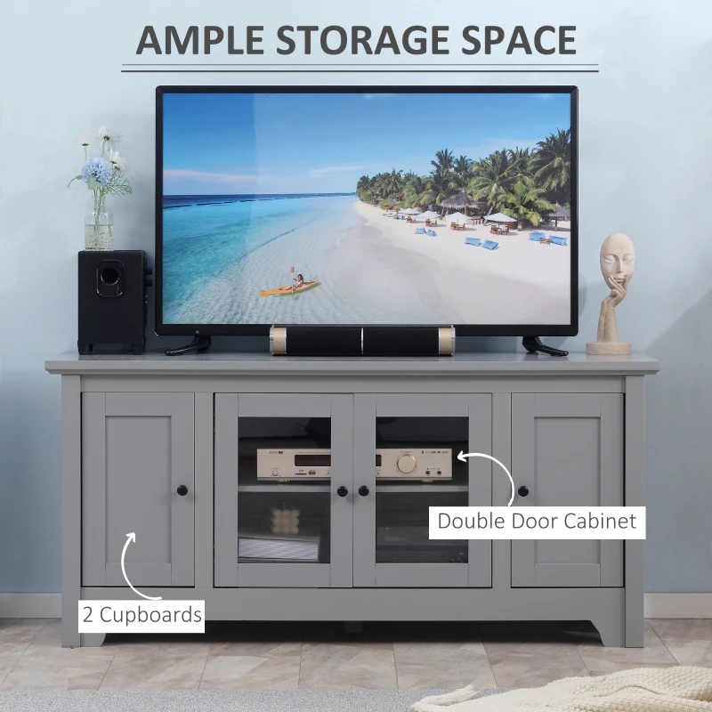 HOMCOM Modern TV Cabinet for TVs up to 60", TV Stand with Glass Door Cabinets and Adjustable Shelf, Media Console with Cupboards Cable Holes, Grey