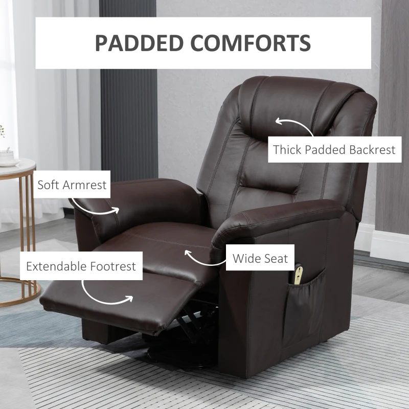 HOMCOM Electric Power Lift Chair for Elderly, PU Leather Recliner Sofa with Footrest and Remote Control, Side Pockets for Living Room, Brown