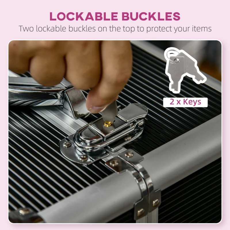 HOMCOM Aluminum Rolling Makeup Case, Portable Professional Cosmetic Makeup Case, Lockable Traveling Cart Trunk with Folding Trays, Swivel Wheels and Keys, Black