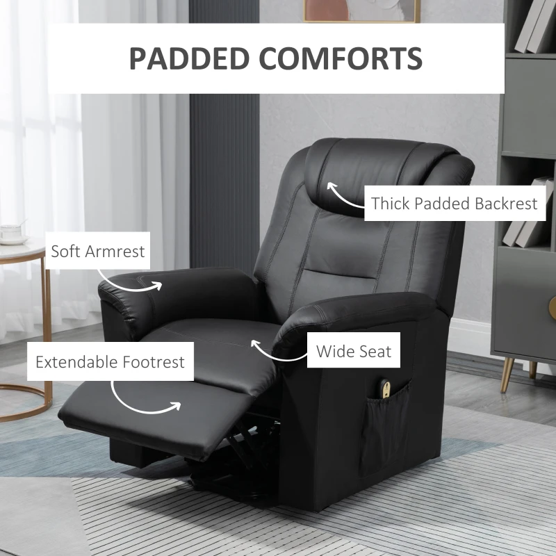 HOMCOM Electric Power Lift Chair for Elderly, PU Leather Recliner Sofa with Footrest and Remote Control, Side Pockets for Living Room, Black