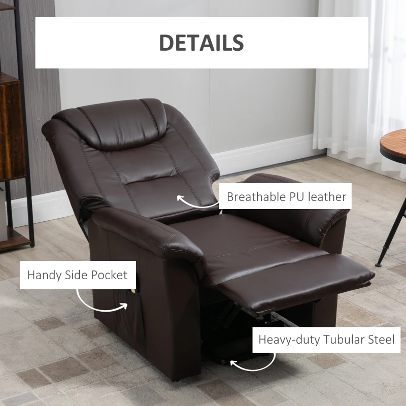 HOMCOM Electric Power Lift Chair for Elderly, PU Leather Recliner Sofa with Footrest and Remote Control, Side Pockets for Living Room, Brown