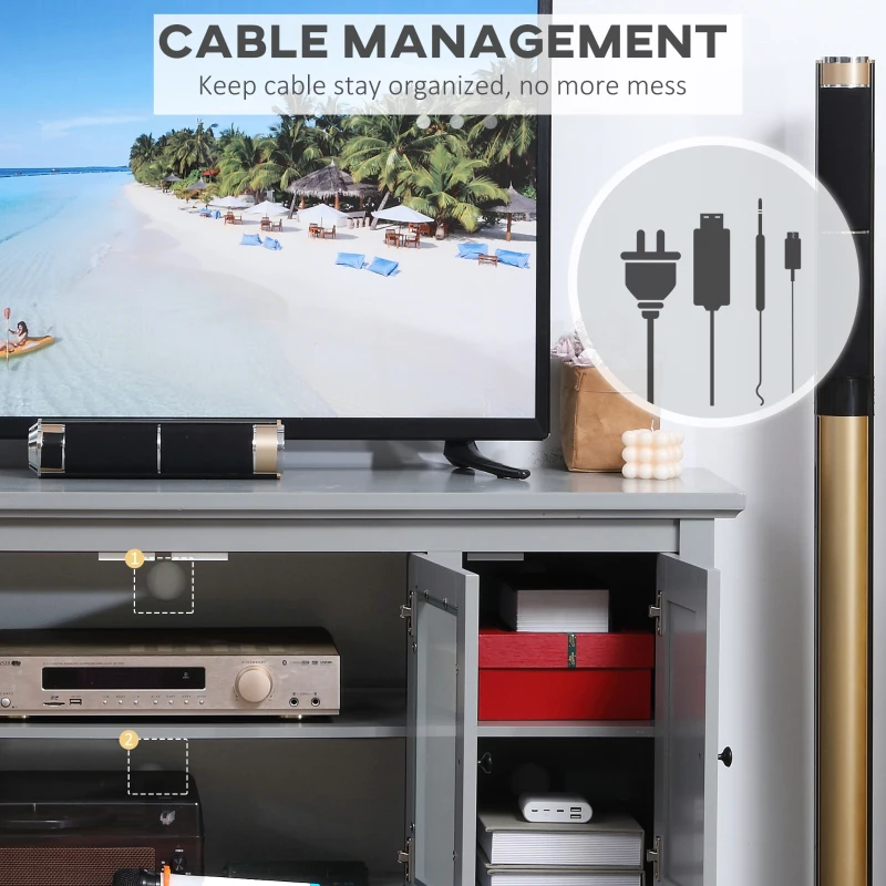 HOMCOM Modern TV Cabinet for TVs up to 60", TV Stand with Glass Door Cabinets and Adjustable Shelf, Media Console with Cupboards Cable Holes, Grey