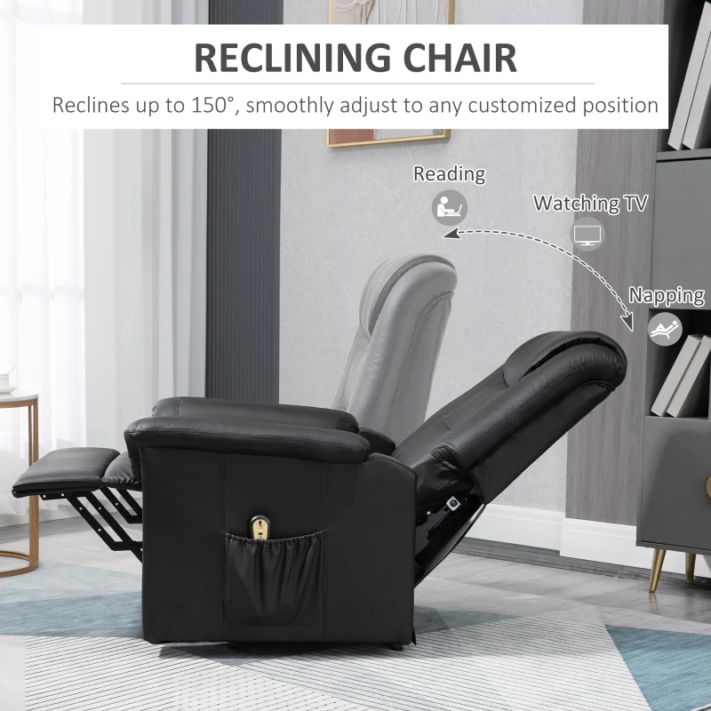 HOMCOM Electric Power Lift Chair for Elderly, PU Leather Recliner Sofa with Footrest and Remote Control, Side Pockets for Living Room, Black