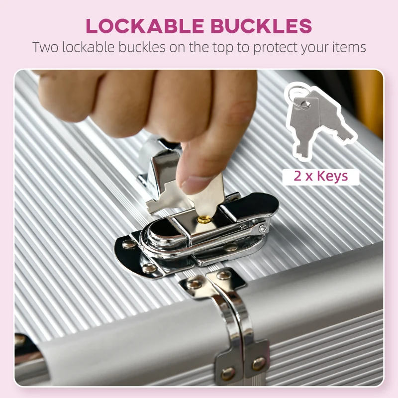 HOMCOM Aluminum Rolling Makeup Case, Portable Professional Cosmetic Makeup Case, Lockable Traveling Cart Trunk with Folding Trays, Swivel Wheels and Keys, Silver