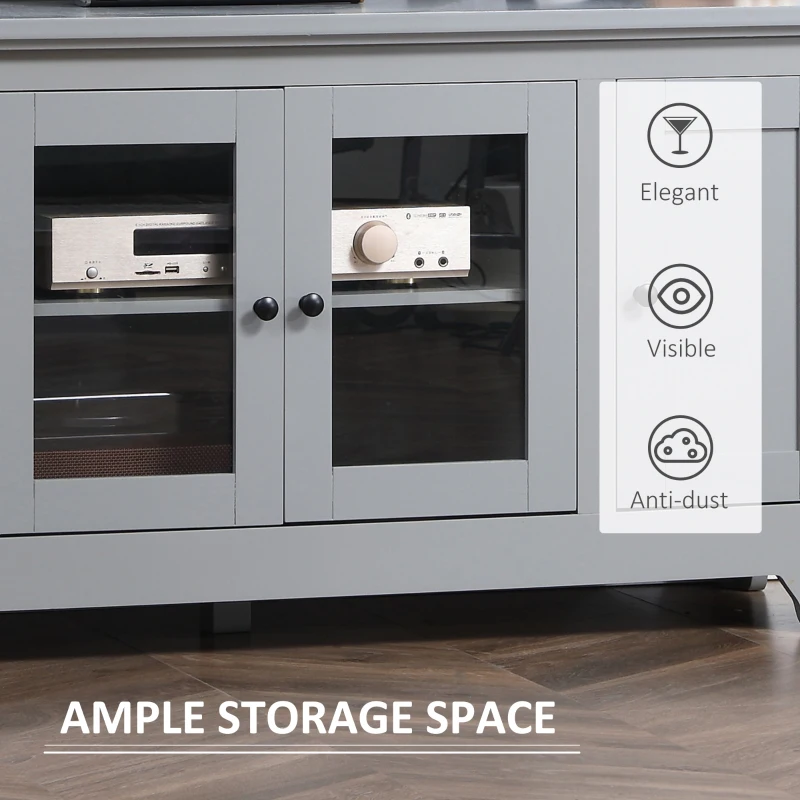 HOMCOM Modern TV Cabinet for TVs up to 60", TV Stand with Glass Door Cabinets and Adjustable Shelf, Media Console with Cupboards Cable Holes, Grey