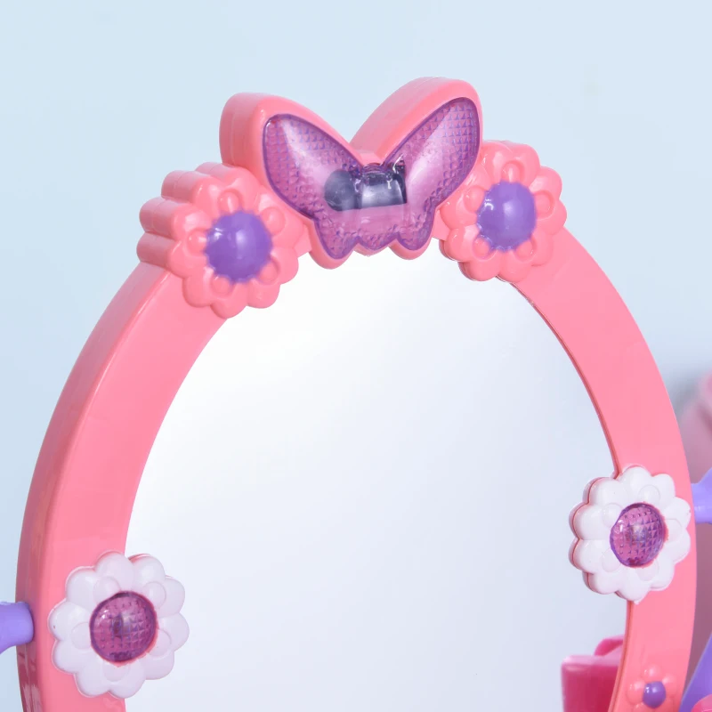 Qaba Kids Vanity Table and Stool Beauty Pretend Play Set with Mirror Lights Sounds & Pretend Beauty Makeup Accessories for Girls 3+ Years Old Pink