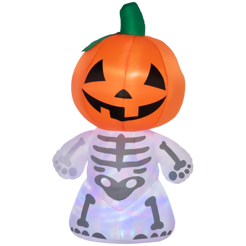 HOMCOM 6ft Inflatable Halloween Smiling Skeleton Ghost with Pumpkin Head, Blow-Up Outdoor LED Yard Display with Rotating Colorful Light for Garden, Lawn, Party, Holiday
