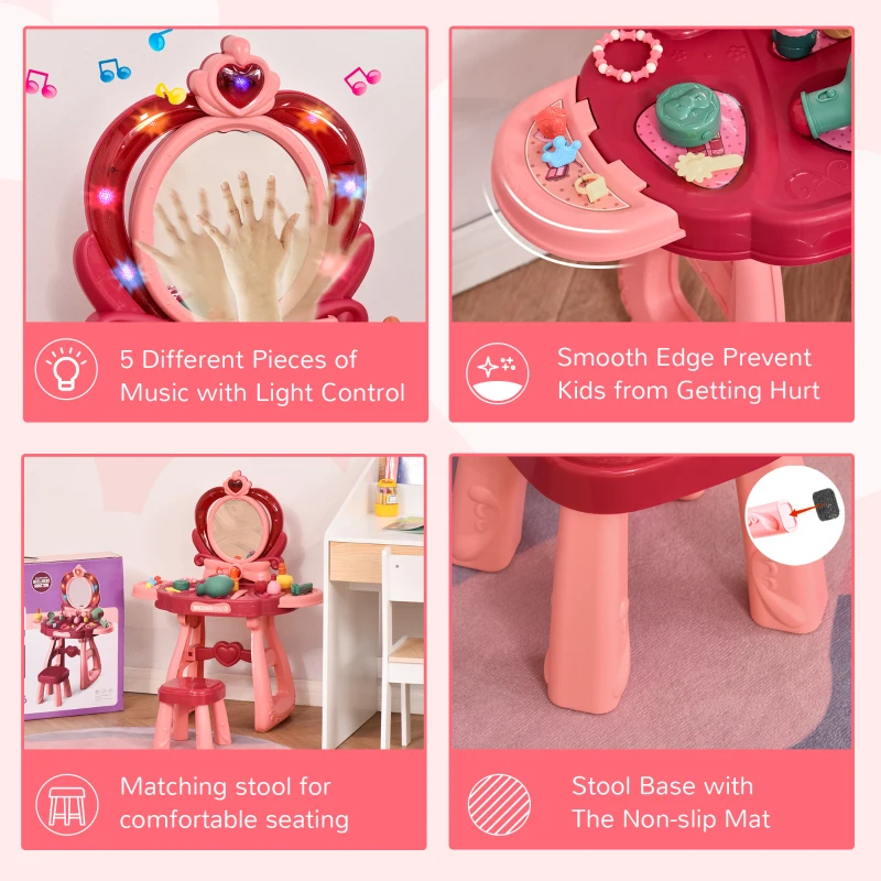 Qaba 36 Pcs Children Vanity Musical Dressing Table Kids Magic Glamour Princess Mirror Make Up Desk With Stool Beauty Kit Lights Pretend Toy for 3 Years Old Wine Red+Pink