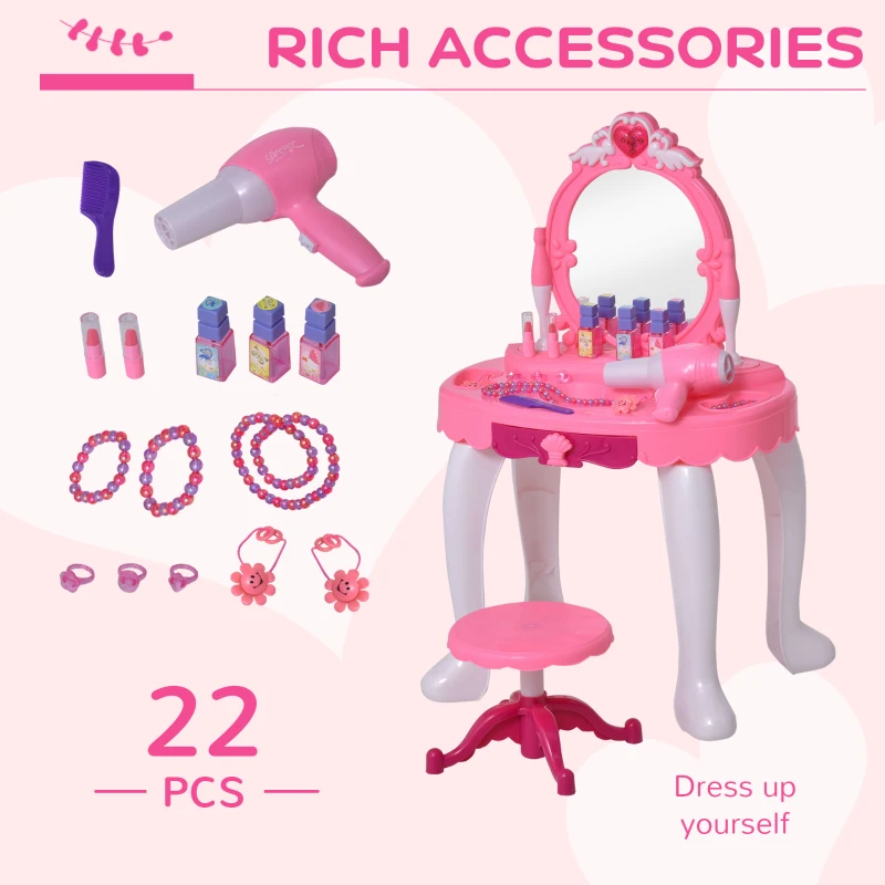 Qaba Children Dressing Table Set Girls Pretend Princess Vanity Table Chair with Music Lightening Cosmetic Mirror Hair Dryer Nail Polish Necklace Bracelet Pink