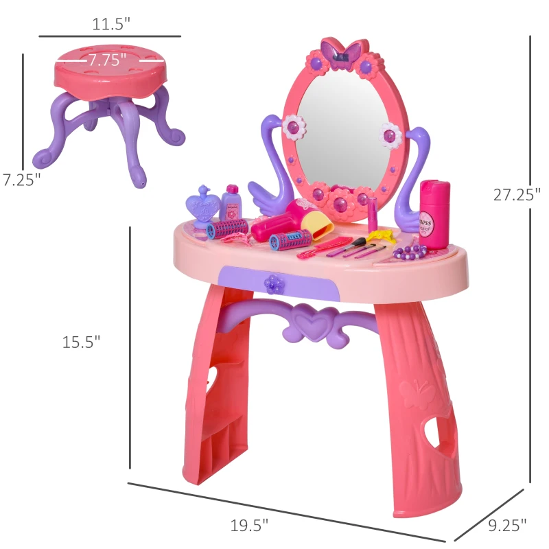 Qaba Kids Vanity Table and Stool Beauty Pretend Play Set with Mirror Lights Sounds & Pretend Beauty Makeup Accessories for Girls 3+ Years Old Pink