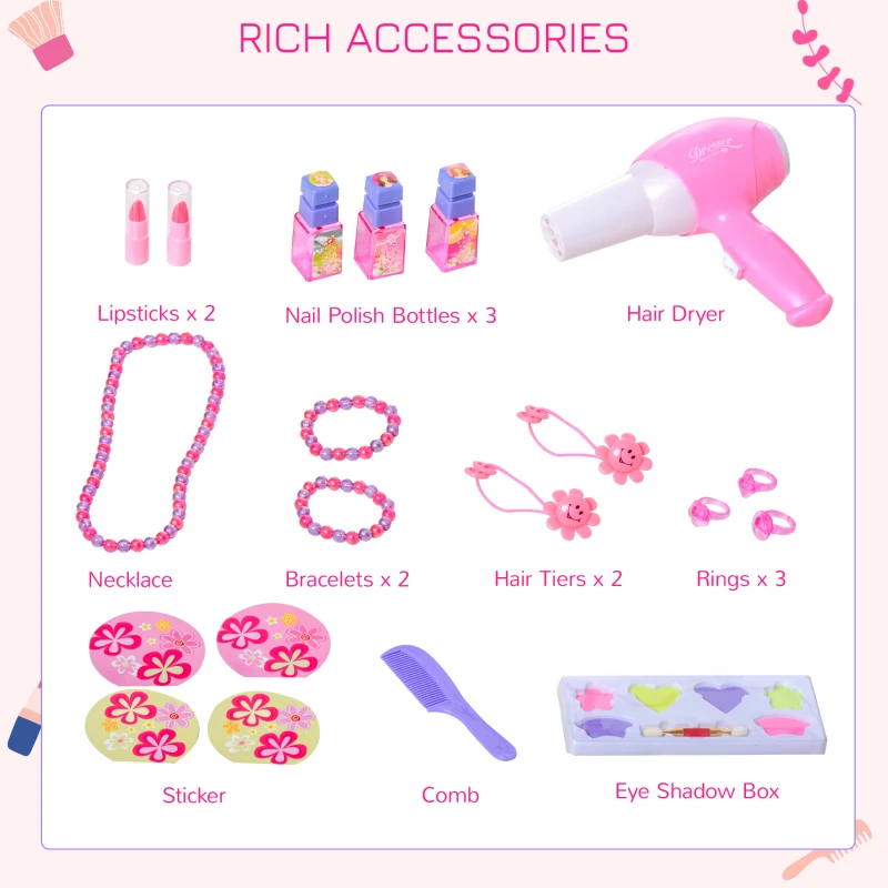 Qaba Kids Vanity Table & Stool Pretend Playset Dressing Table Set with Mirror Light Sound Working Hair Dryer Makeup Accessories for Toddlers Girls Age 3 Years Old