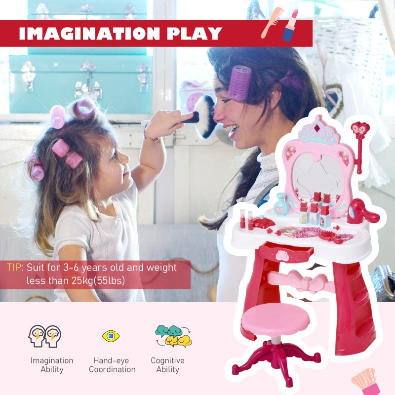 Qaba Children Dressing Table Set for Kids of  3-6 Years Dream Princess Vanity Set for Girls Make Up Table and Stool Set with Music and Lightening Pink White