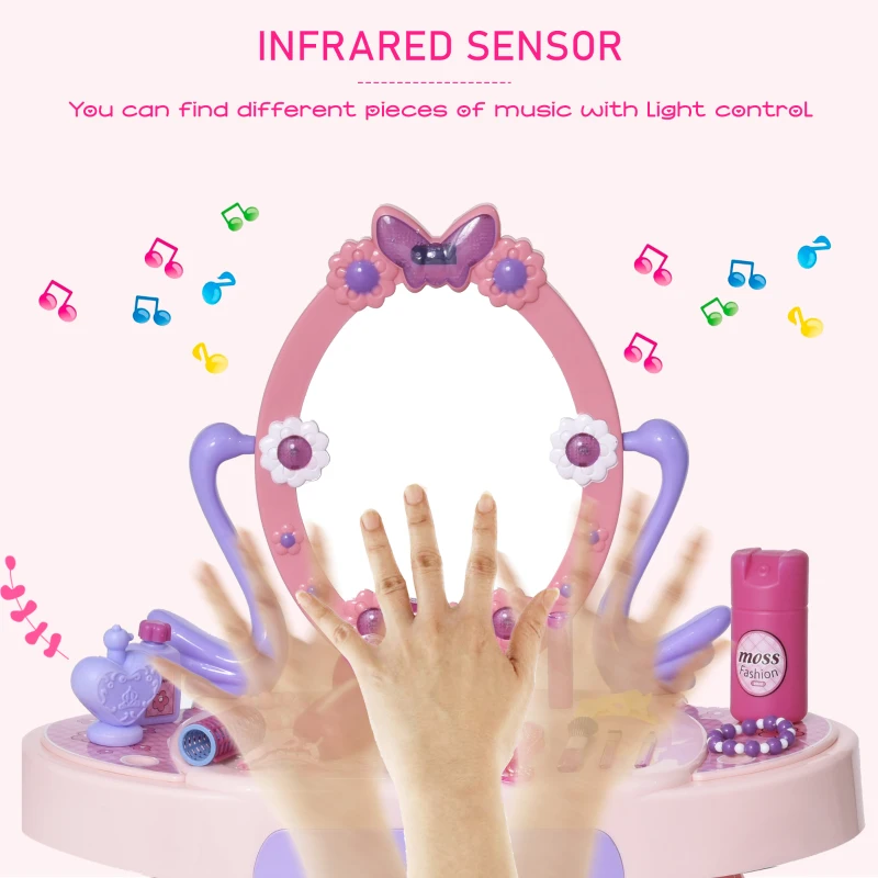 Qaba Kids Vanity Table and Stool Beauty Pretend Play Set with Mirror Lights Sounds & Pretend Beauty Makeup Accessories for Girls 3+ Years Old Pink