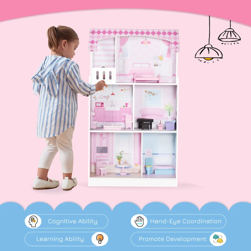 Qaba 2 in 1 Multifunctional Kids kitchen Doll House Toddler Pretend Play Toy Kitchen with Accessories Realistic Play Cooking Set for Girls Boys Pink