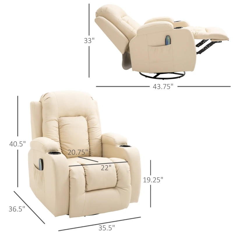 HOMCOM Vibration Massage Recliner Chair for Living Room with Heat,  Swivel Single Sofa, Modern PU Leather Manual Reclining Chair with Footrest, Cream White