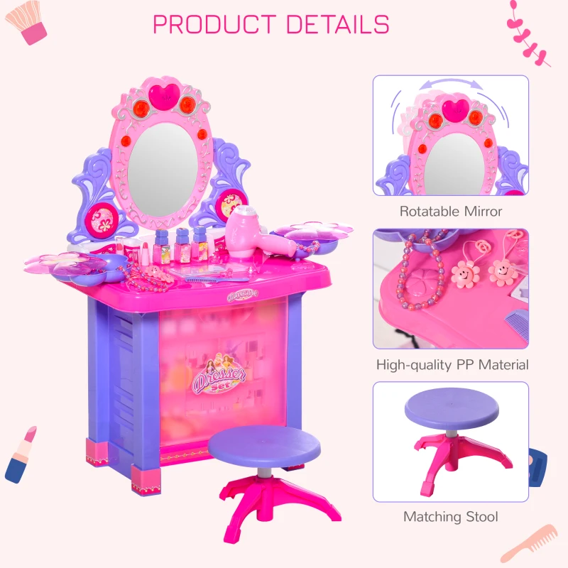 Qaba Kids Vanity Table & Stool Pretend Playset Dressing Table Set with Mirror Light Sound Working Hair Dryer Makeup Accessories for Toddlers Girls Age 3 Years Old