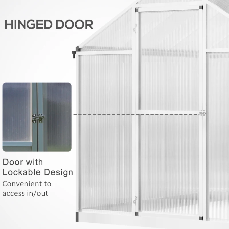 Outsunny 6' x 8' x 6.4' Polycarbonate Greenhouse, Aluminum Walk-In Green House Kit Garden, Plants Grow with Rain Gutter and Roof Vent, Silver