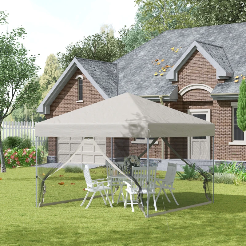 Outsunny 10' x 10' Pop Up Canopy Tent, Tents for Parties with Netting and Wheeled Carry Bag, Height Adjustable Instant Sun Shelter, for Outdoor, Garden, Patio, Beige