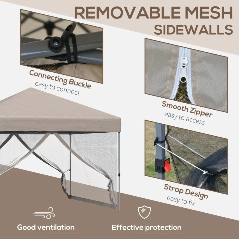 Outsunny 10' x 10' Pop Up Canopy Party Tent with 3-Level Adjustable Height, Easy Move Roller Bag, Khaki